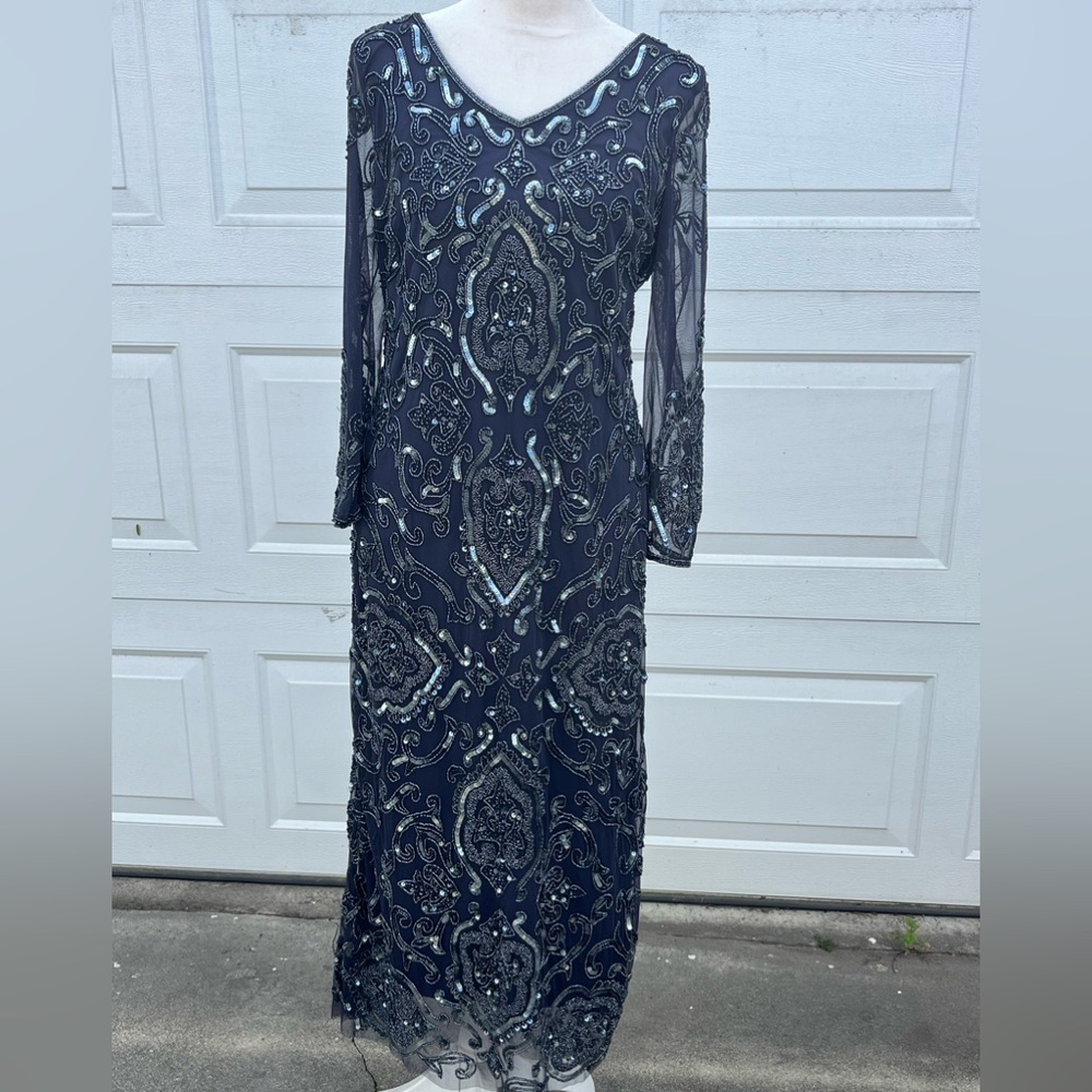 Women's Pisarro Nights Embellished Long Sleeve Dress size 12 navy/grey